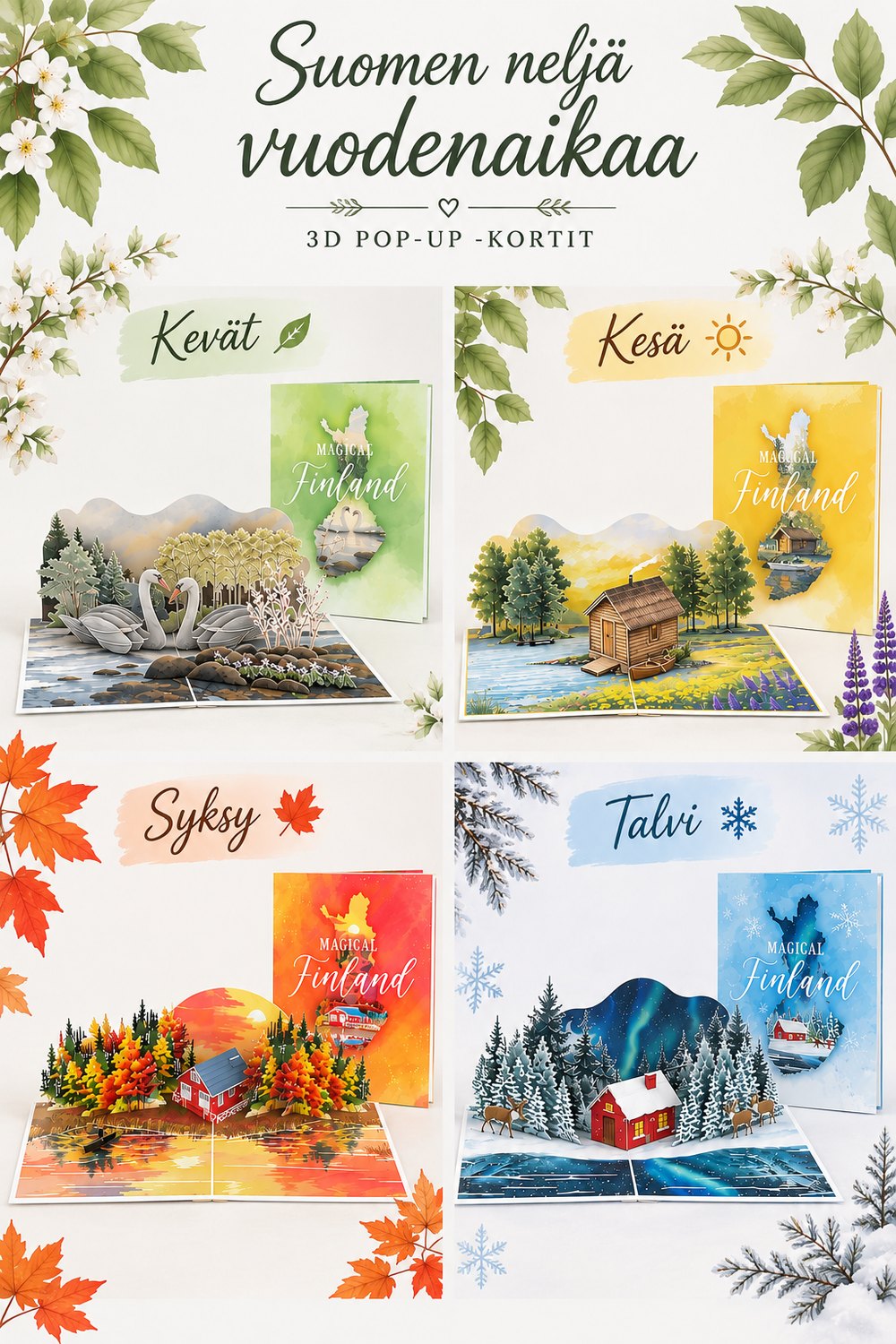 Suomen neljä vuodenaikaa -kortit: kevään joutsenet, kesän mökki, syksyn järvimaisema ja talven revontulet 3D pop-up -kortteina.
