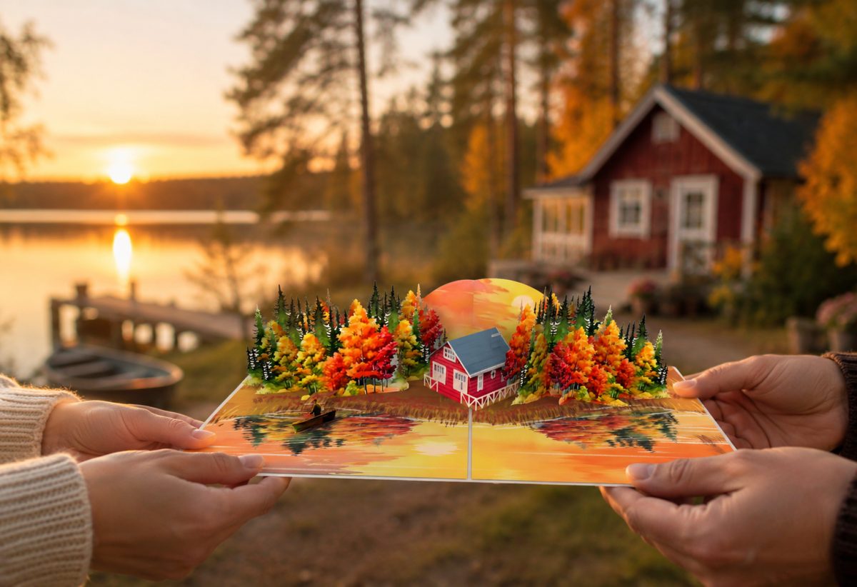 Suomalainen mökki ja syksyinen järvimaisema 3D pop-up -korttina