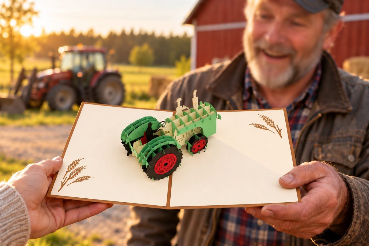 Traktori 3D pop-up-kortti – kortti maatalouden ystävälle