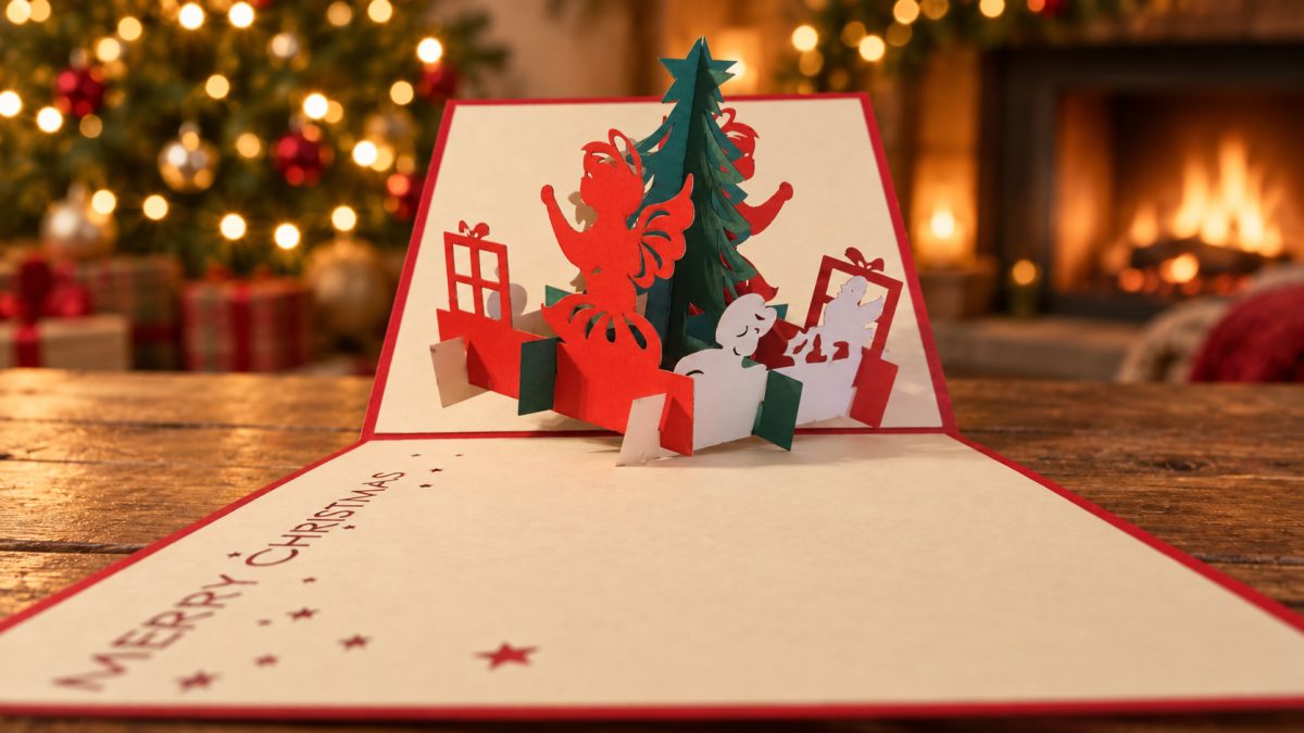 Enkelit ja joulukuusi 3D pop-up-joulukortti – Merry Christmas – kuva 2