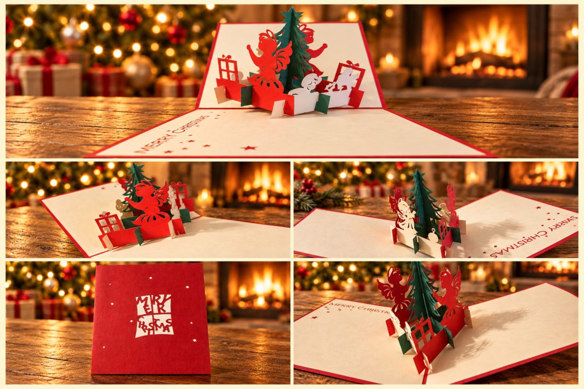 Enkelit ja joulukuusi 3D pop-up-joulukortti – Merry Christmas