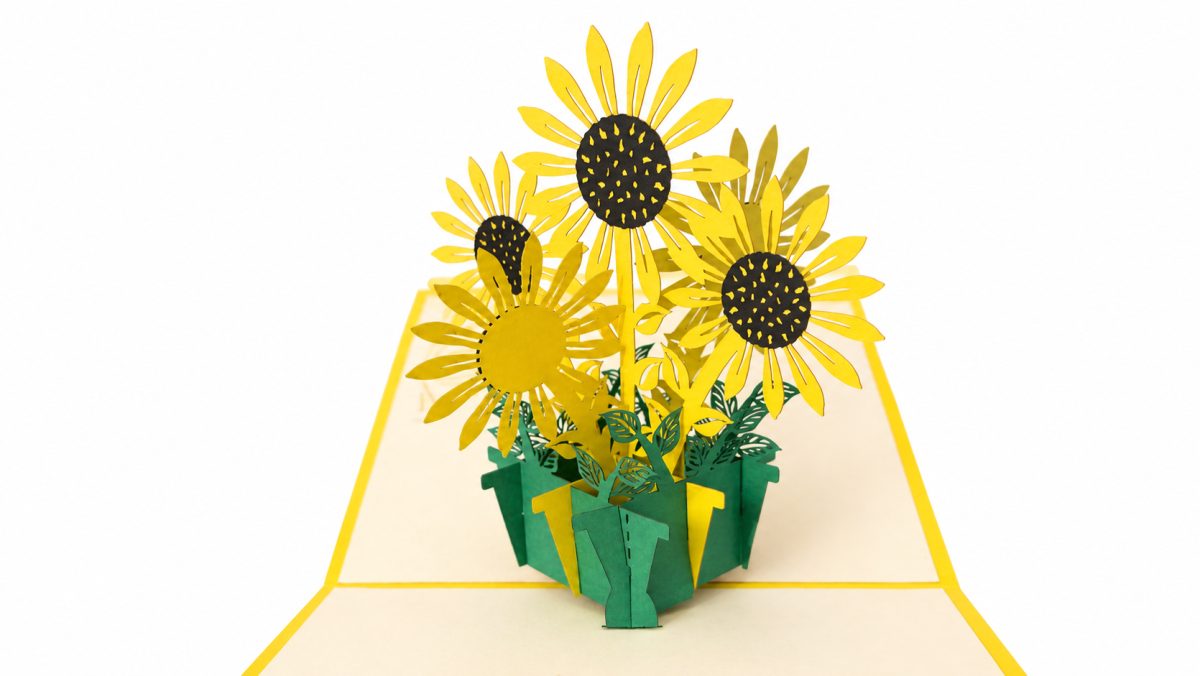Auringonkukkakimppu 3D pop-up-kortti – onnitteluun ja kannustukseen – kuva 2