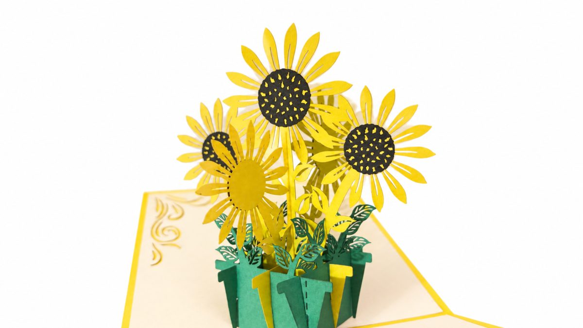 Auringonkukkakimppu 3D pop-up-kortti – onnitteluun ja kannustukseen