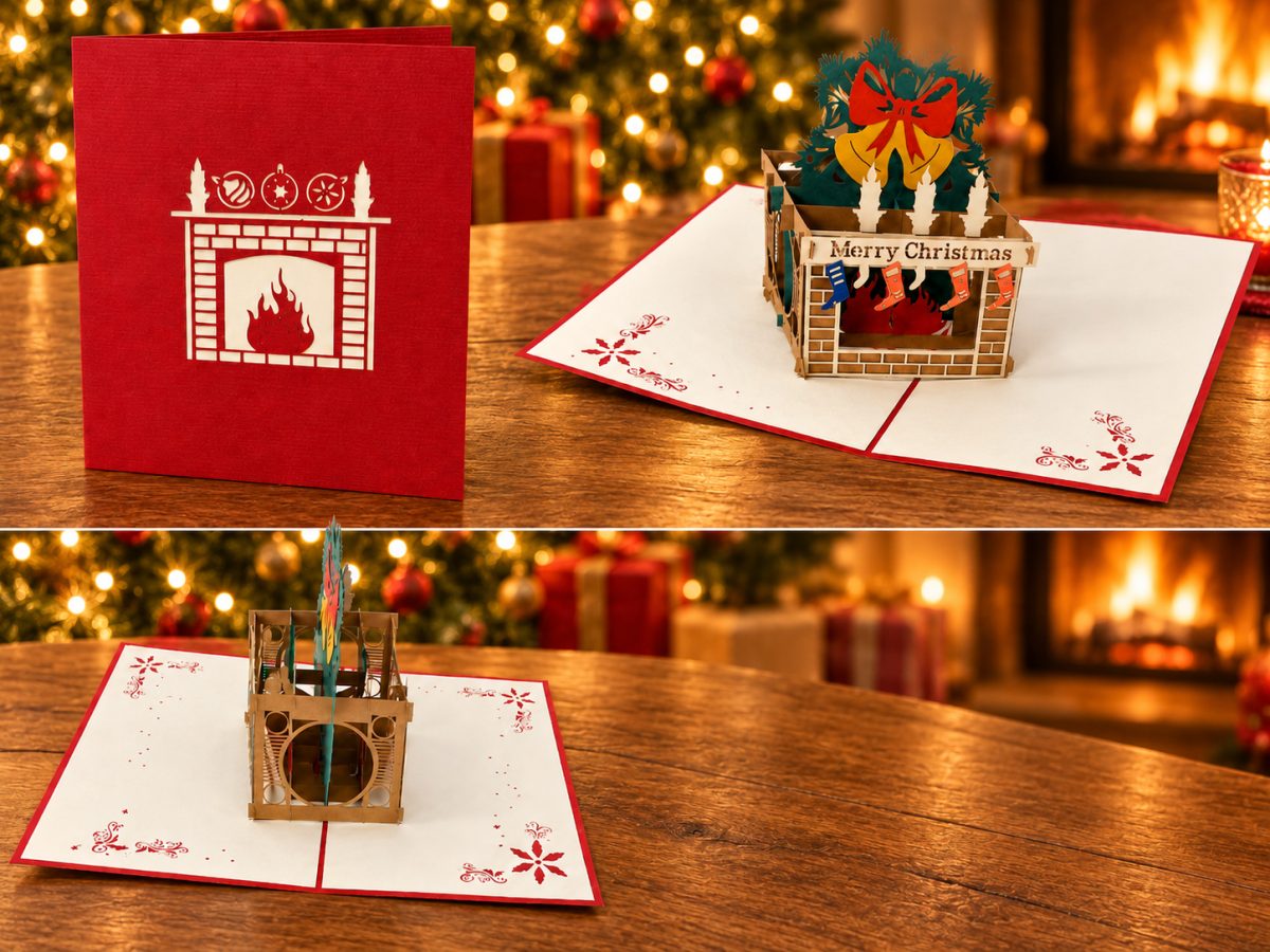 Takka ja joulusukat 3D pop-up-joulukortti – Merry Christmas
