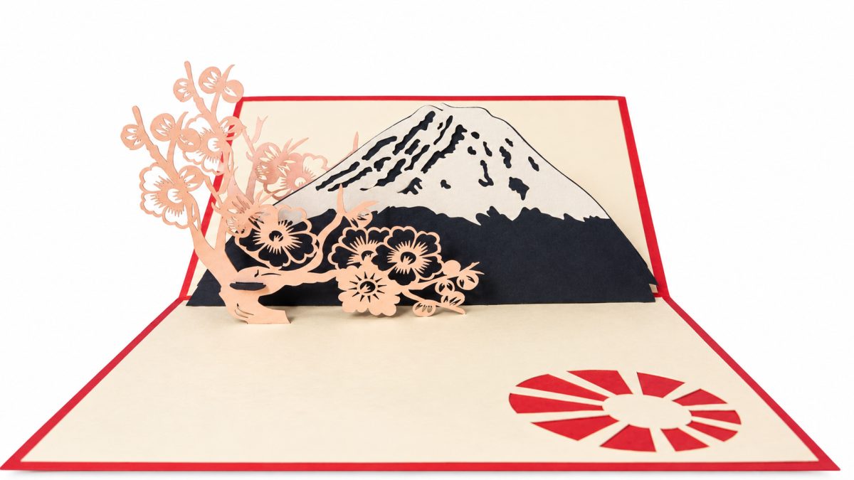 Fuji-vuori 3D pop-up-kortti – kirsikankukat ja Japanin tunnelma