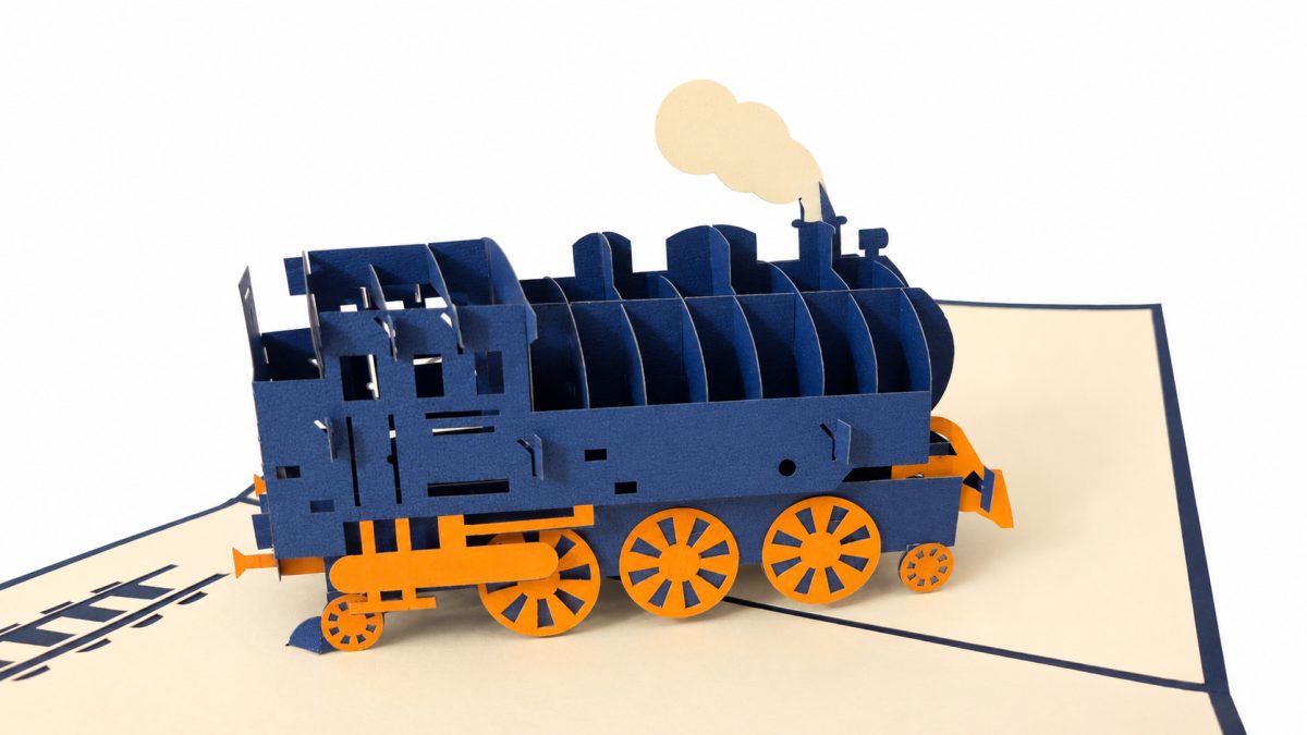 Höyryveturi 3D pop-up-kortti – junakortti junien ystävälle – kuva 3