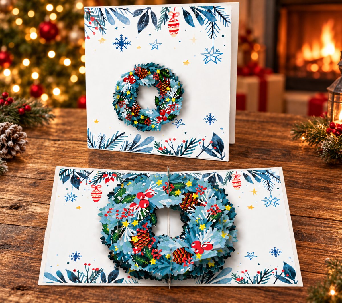 Joulukranssi 3D pop-up-joulukortti – huurteinen kranssi