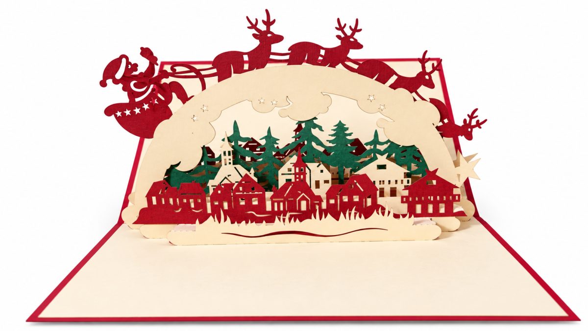Joulupukin reki 3D pop-up-joulukortti – talvinen kylä – kuva 3