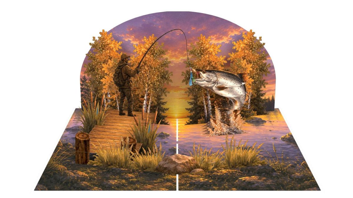 Kalastaja auringonlaskussa 3D pop-up-kortti – kalastajalle – kuva 2