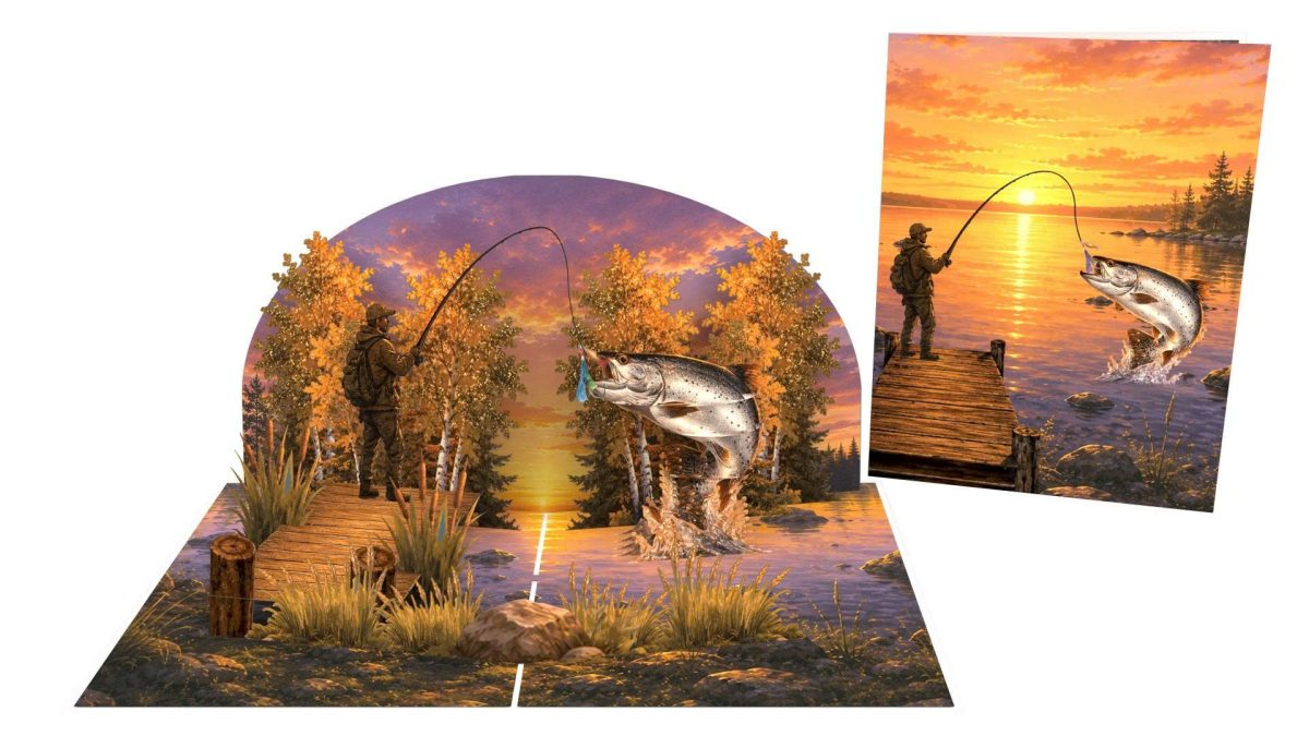 Kalastaja auringonlaskussa 3D pop-up-kortti – kalastajalle – kuva 3
