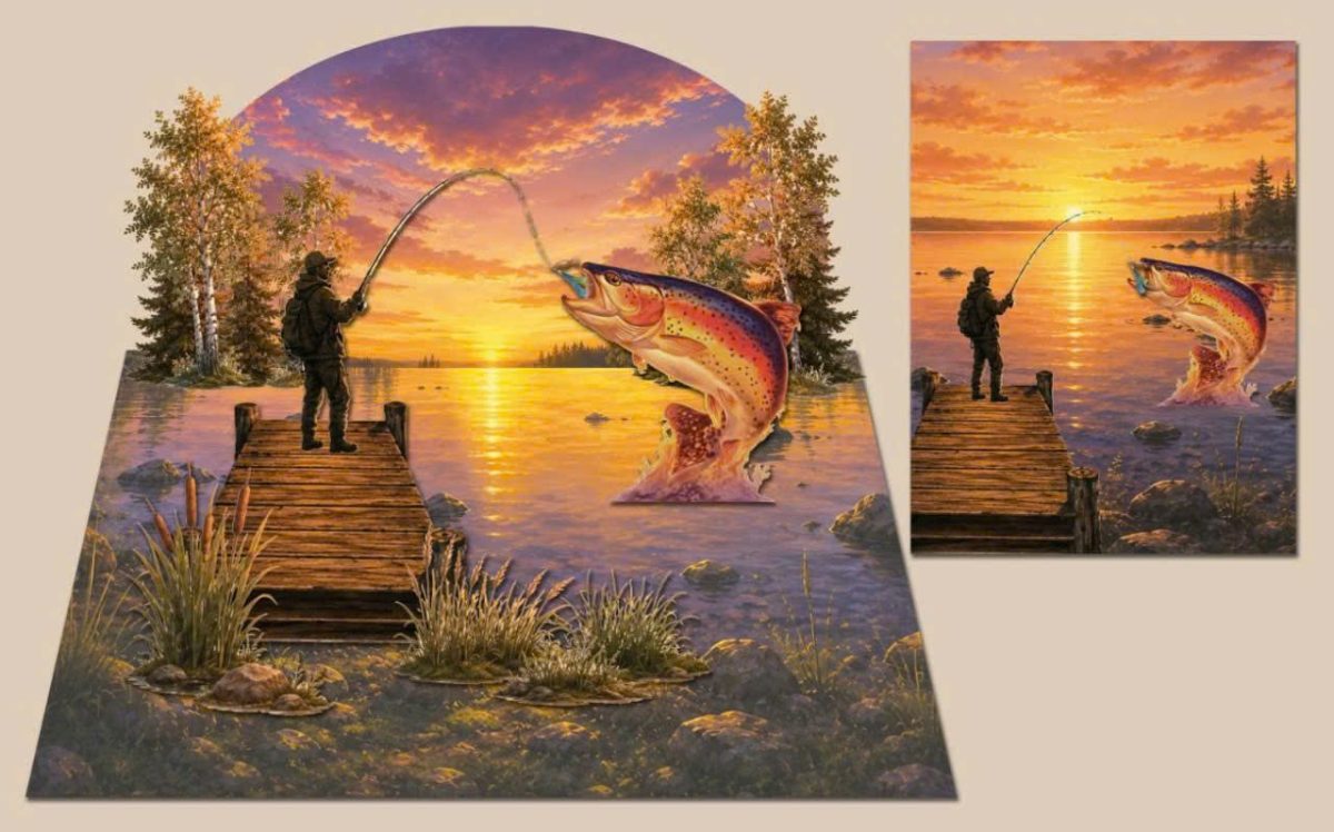 Kalastaja auringonlaskussa 3D pop-up-kortti – kalastajalle – kuva 4