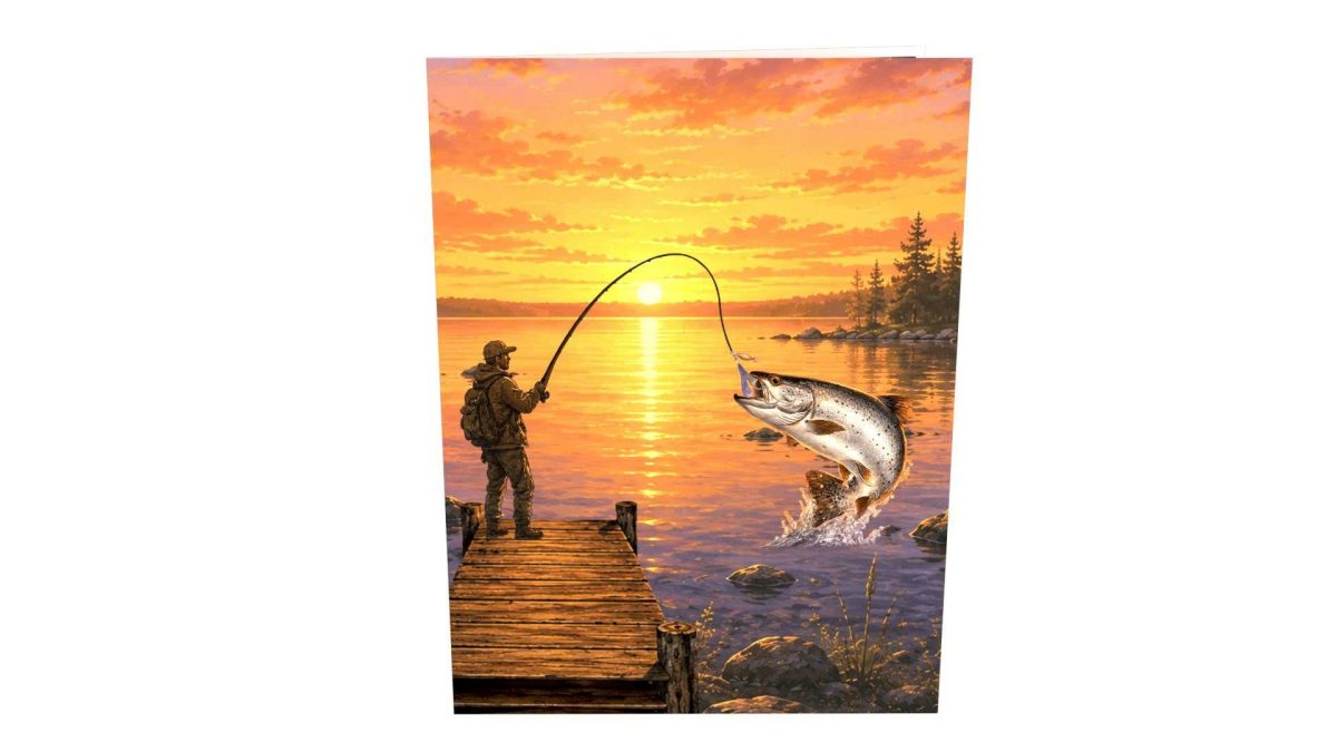 Kalastaja auringonlaskussa 3D pop-up-kortti – kalastajalle
