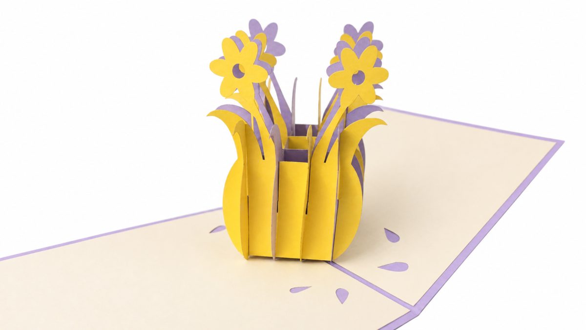 Kevätkukat keltainen & lila 3D pop-up-kortti – pääsiäiseen ja äitienpäivään – kuva 4
