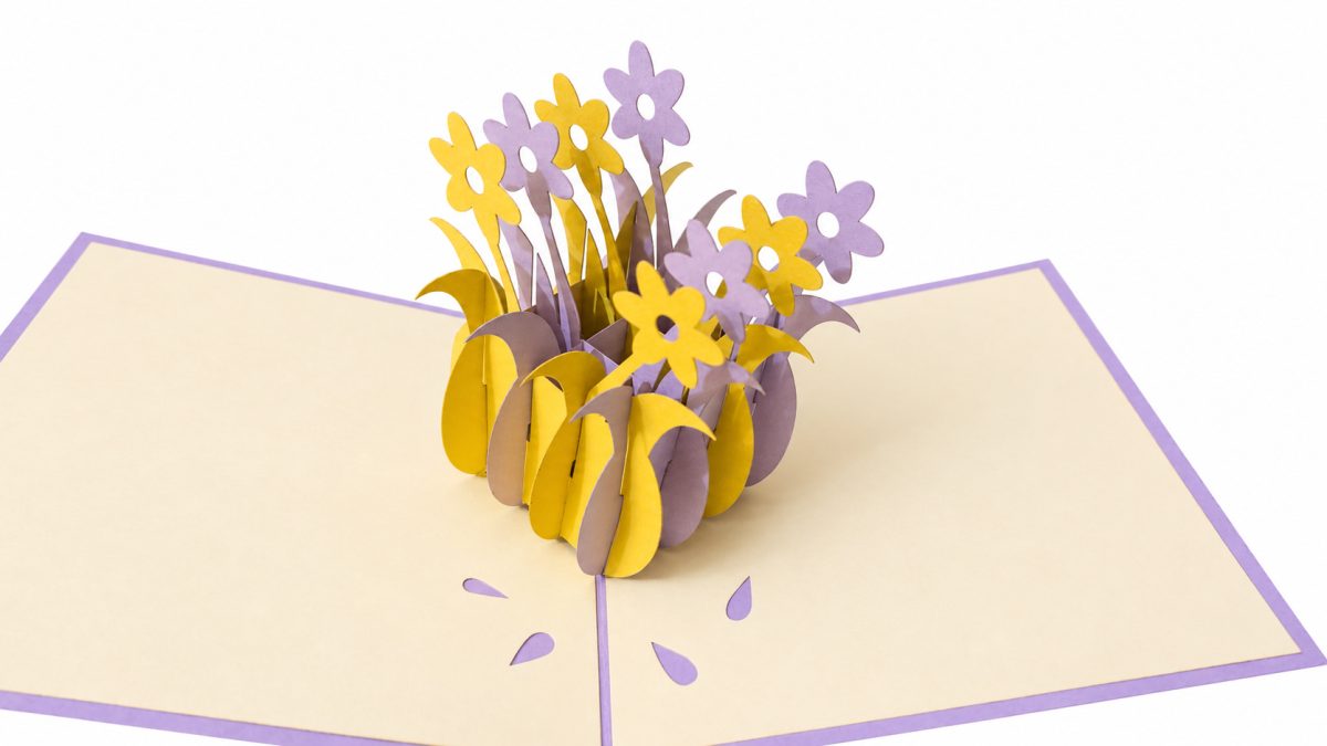 Kevätkukat keltainen & lila 3D pop-up-kortti – pääsiäiseen ja äitienpäivään
