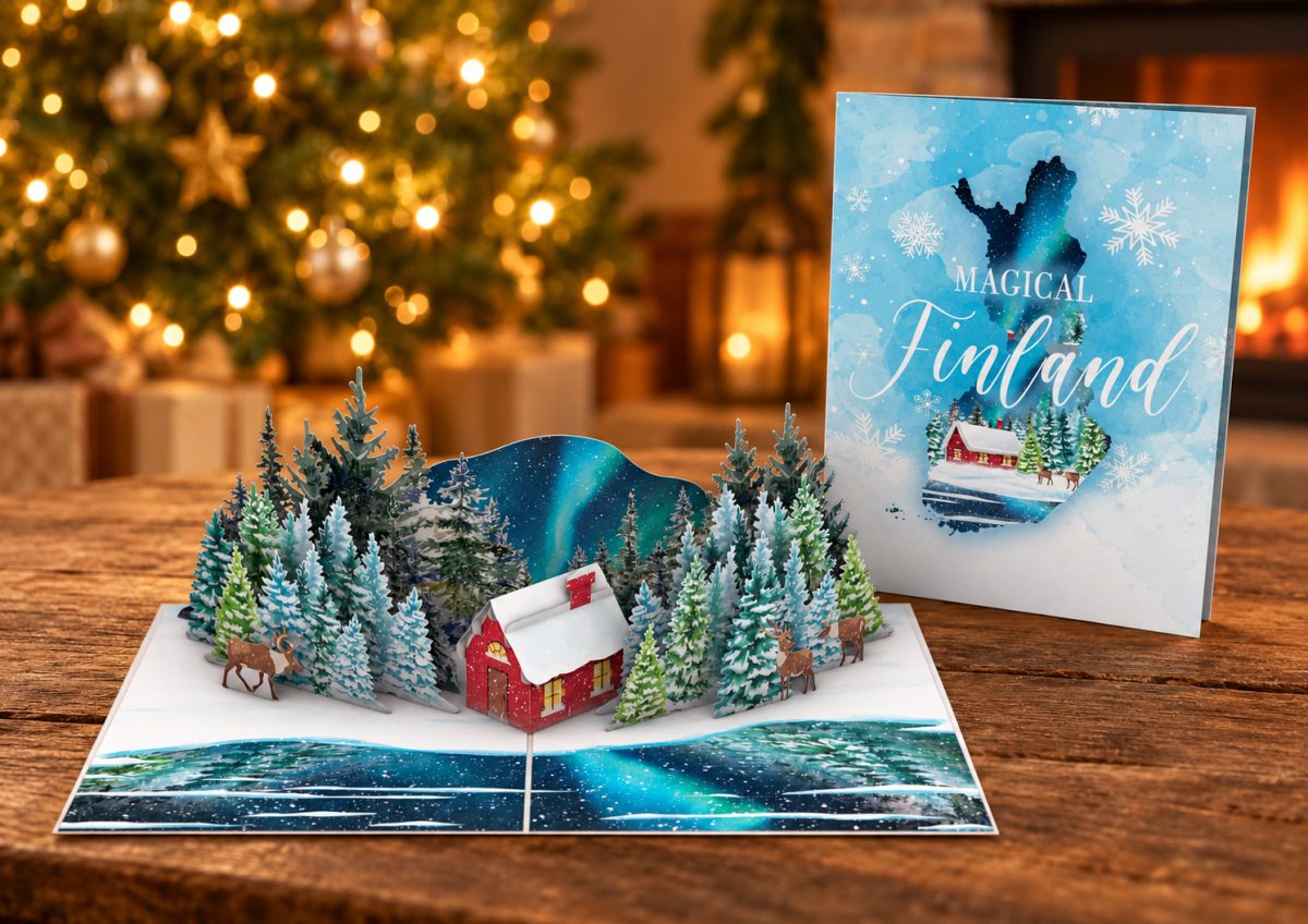 Magical Finland – Talvi 3D pop-up-kortti – revontulet ja porot