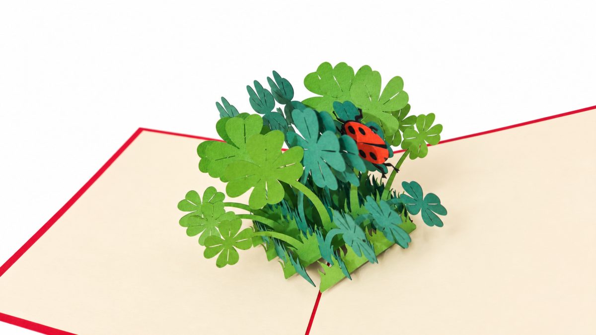 Neliapilat ja leppäkerttu 3D pop-up-kortti – onnentoivotus ja tsemppikortti – kuva 3