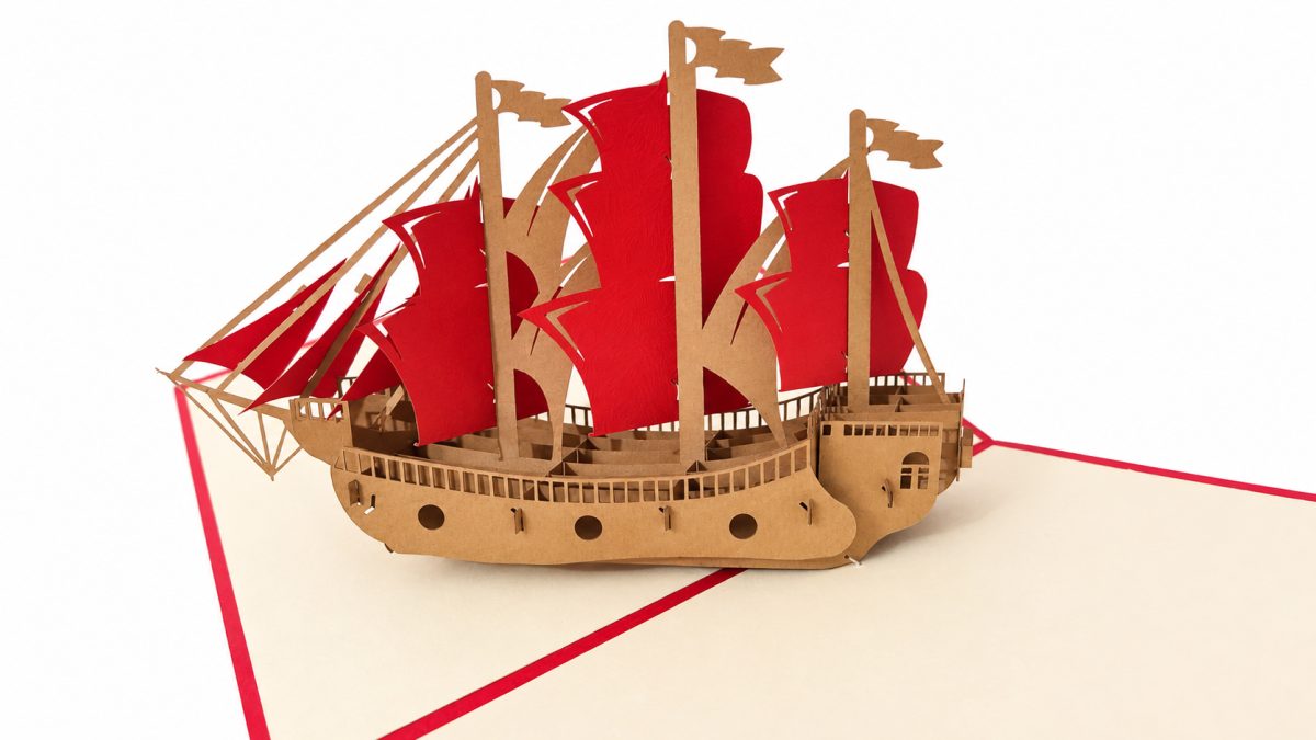 Purjelaiva punaisin purjein 3D pop-up-kortti – isänpäivään ja uuden alun kunniaksi – kuva 3