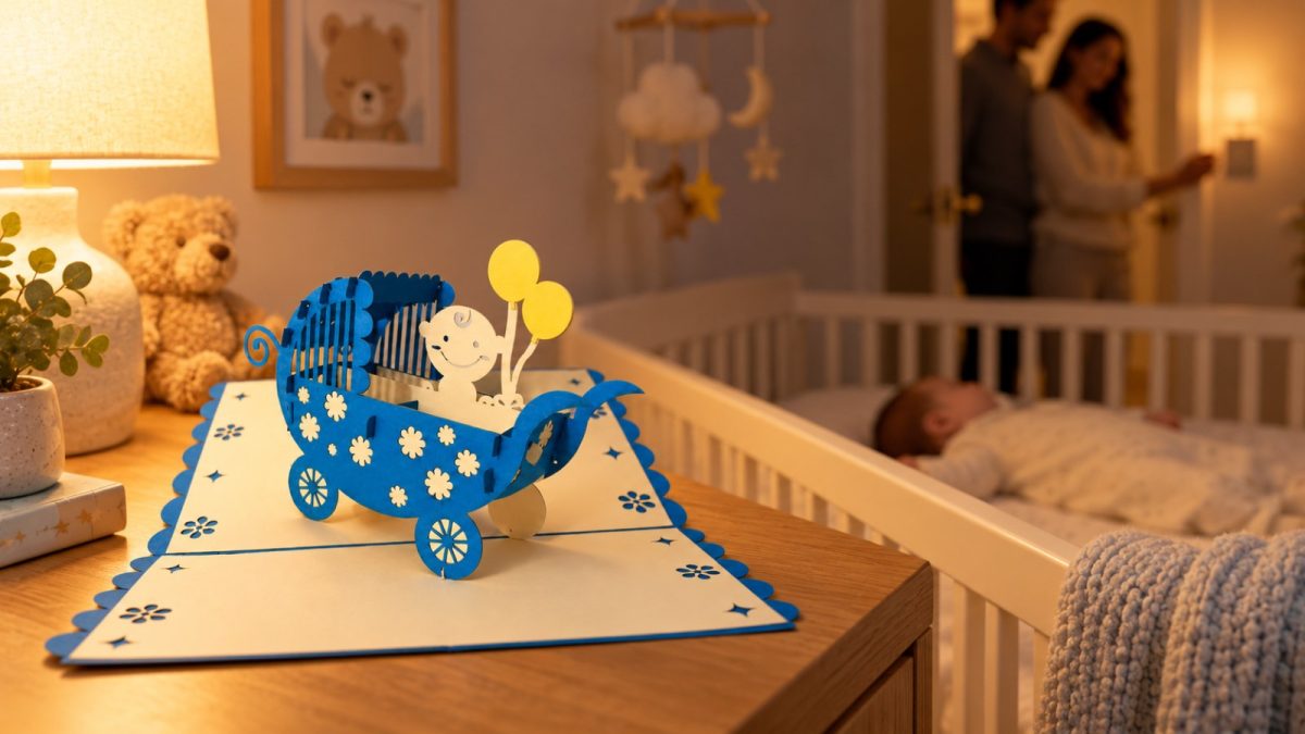 Vauvan vaunut sininen 3D pop-up-kortti – onnittelu vauvan syntymästä