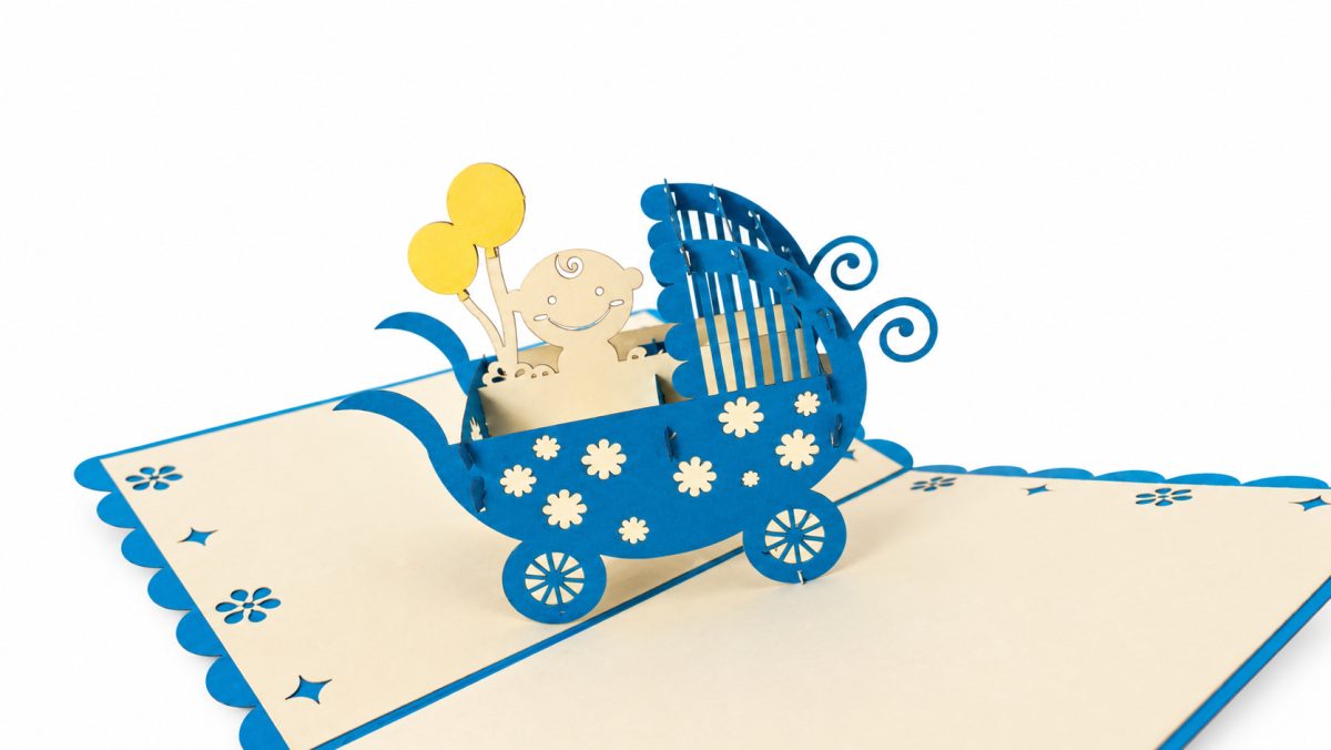 Vauvan vaunut sininen 3D pop-up-kortti – onnittelu vauvan syntymästä – kuva 3