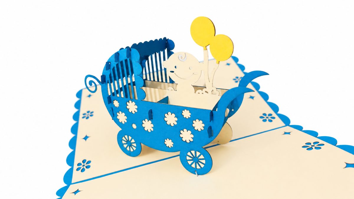Vauvan vaunut sininen 3D pop-up-kortti – onnittelu vauvan syntymästä – kuva 2
