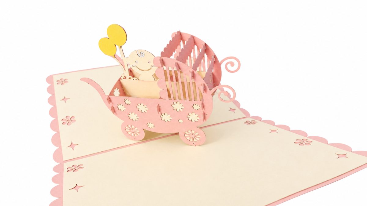 Vauvan vaunut vaaleanpunainen 3D pop-up-kortti – onnittelu vauvan syntymästä – kuva 4