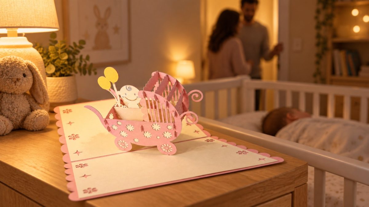 Vauvan vaunut vaaleanpunainen 3D pop-up-kortti – onnittelu vauvan syntymästä