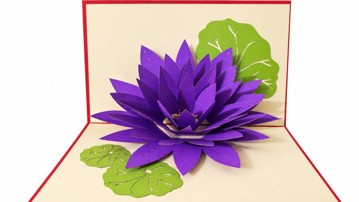 Violetti lumme 3D pop-up-kortti – syntymäpäivään, kiitokseksi ja äitienpäiväksi